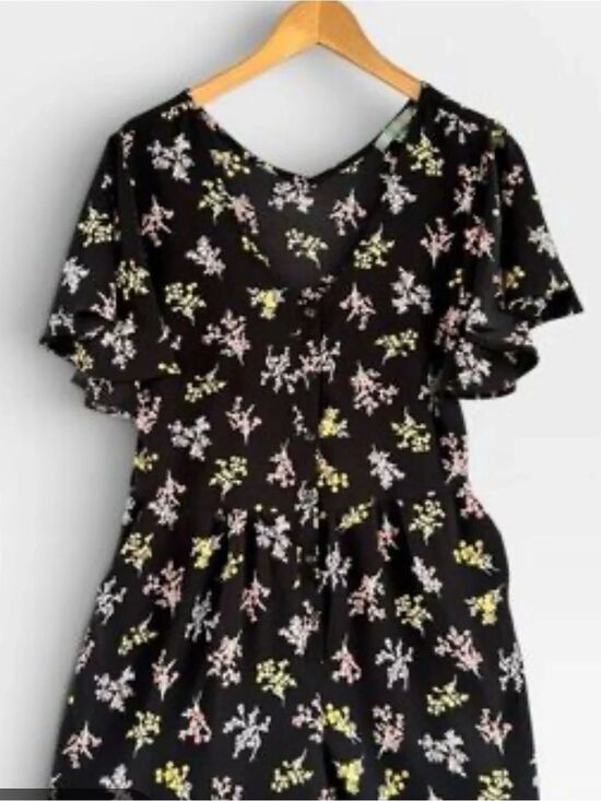 Good Luck Gem Tops - 0117 Good Luck Gem Black Floral V-Neck romper with Pink and Yellow Accents